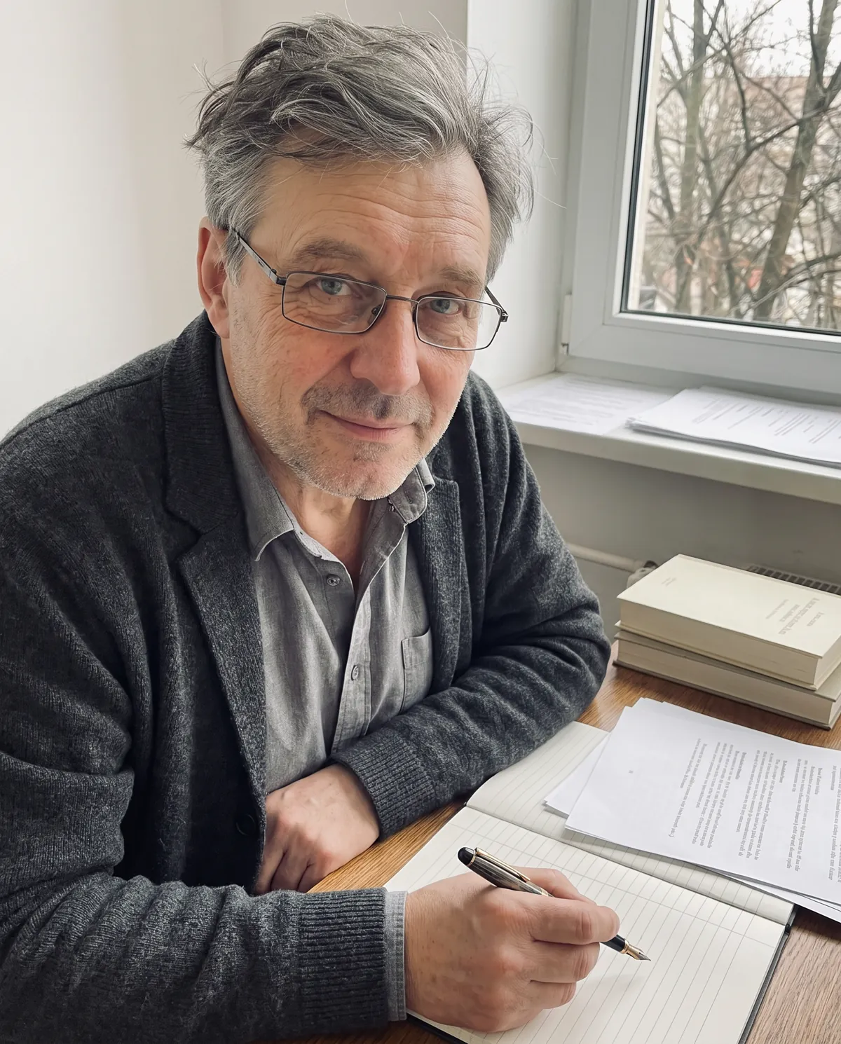 Albert Moszkowicz pisze w notesie przy biurku